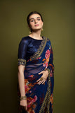 Navy Blue Floral Georgette Saree with Golden Embroidered Border