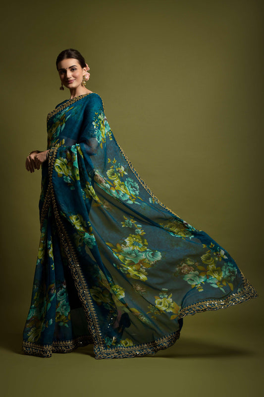Teal Blue Floral Georgette Saree with Golden Embroidered Border