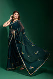 Forest Teal Blue Floral Embroidered Saree with Delicate Multicolor Border