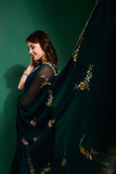 Forest Teal Blue Floral Embroidered Saree with Delicate Multicolor Border
