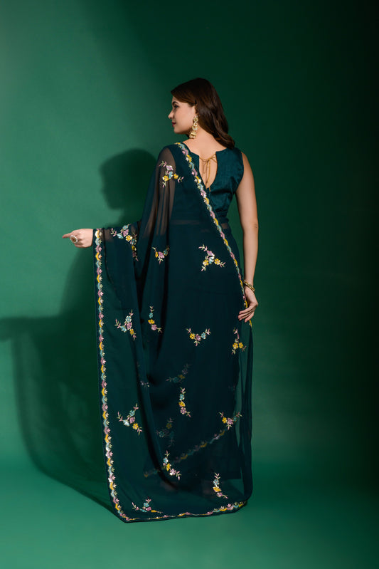 Forest Teal Blue Floral Embroidered Saree with Delicate Multicolor Border