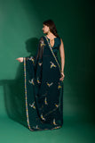 Forest Teal Blue Floral Embroidered Saree with Delicate Multicolor Border