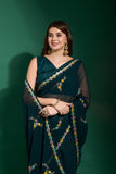 Forest Teal Blue Floral Embroidered Saree with Delicate Multicolor Border