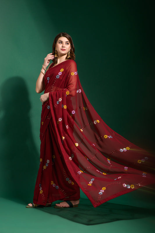 Maroon Sheer Saree with Colorful Floral Sequins