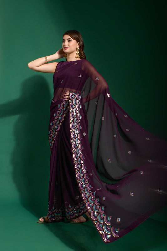 Plum Purple Embroidered Saree with Scallop Border Elegant Festive Wear