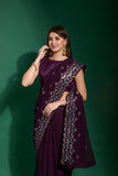 Plum Purple Embroidered Saree with Scallop Border Elegant Festive Wear