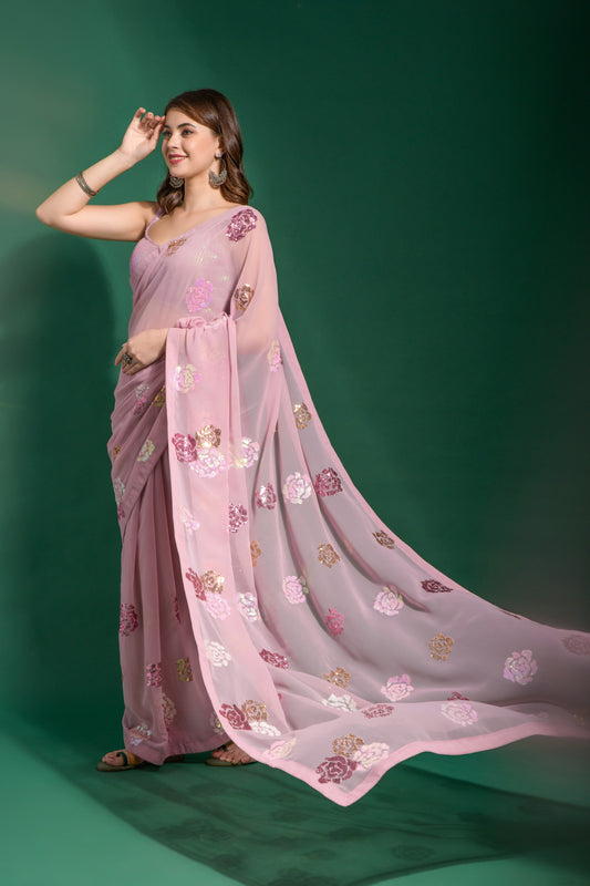 Pink Designer Georgette Saree with Heavy Sequin Floral Embroidery