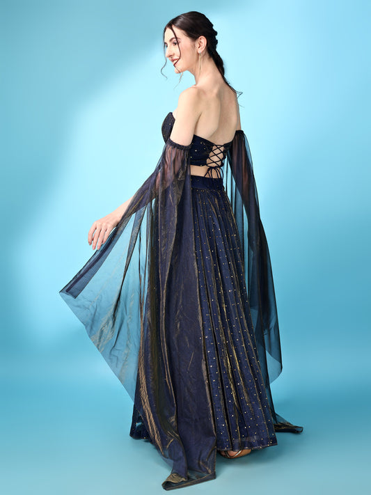 Navy Blue Sequined Bustier Lehenga Set with Sheer Dupatta