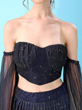 Navy Blue Sequined Bustier Lehenga Set with Sheer Dupatta