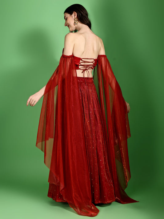 Scarlet Red Sequined Bustier Lehenga Set with Sheer Dupatta