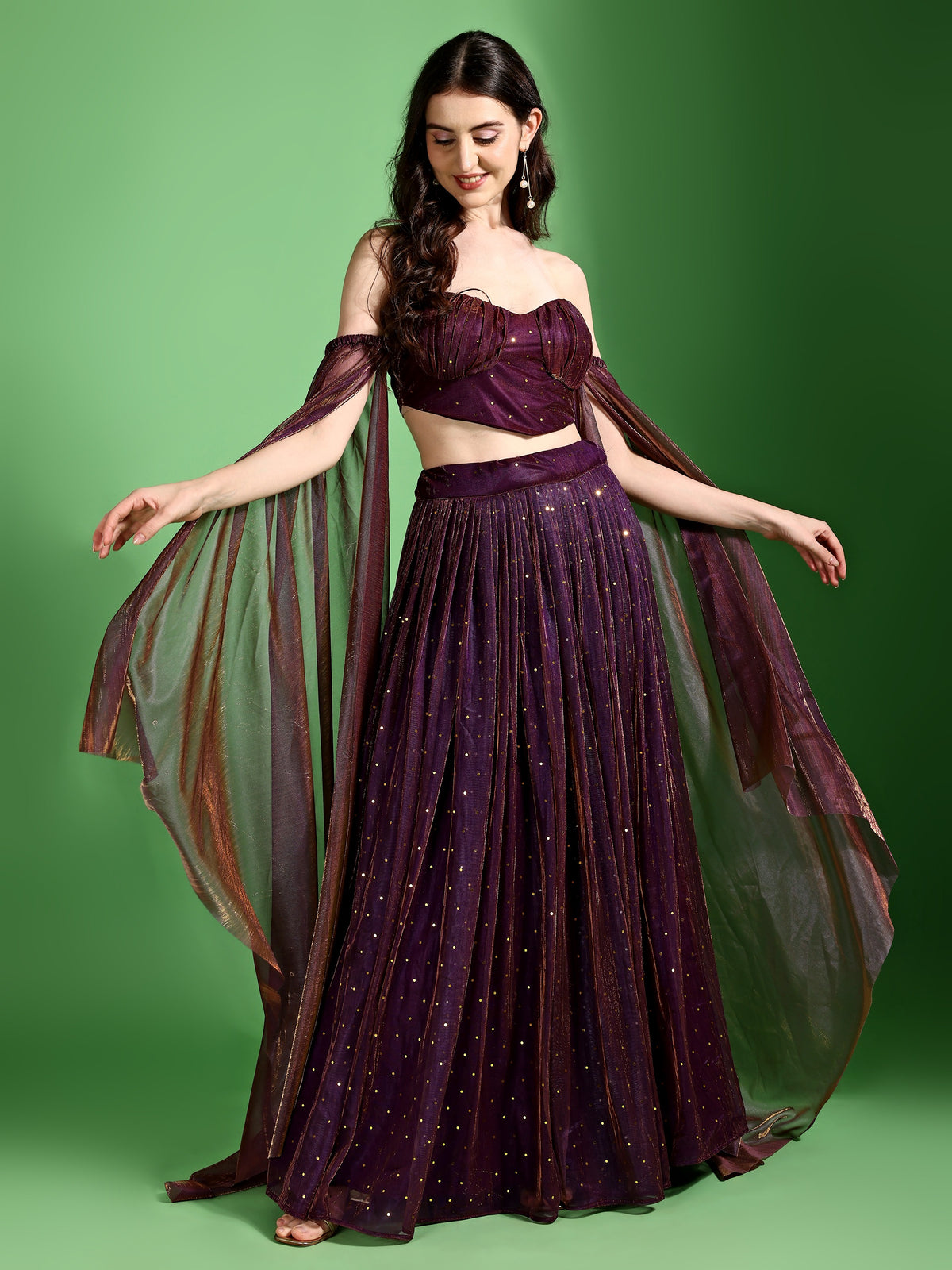 Emmy Wine Sequined Bustier Lehenga Set with Draped Dupatta