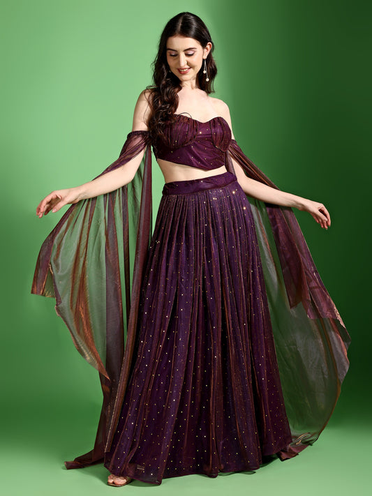 Emmy Wine Sequined Bustier Lehenga Set with Draped Dupatta