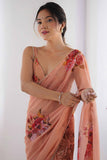 Peach Rose Printed Georgette Saree with Pearl Border