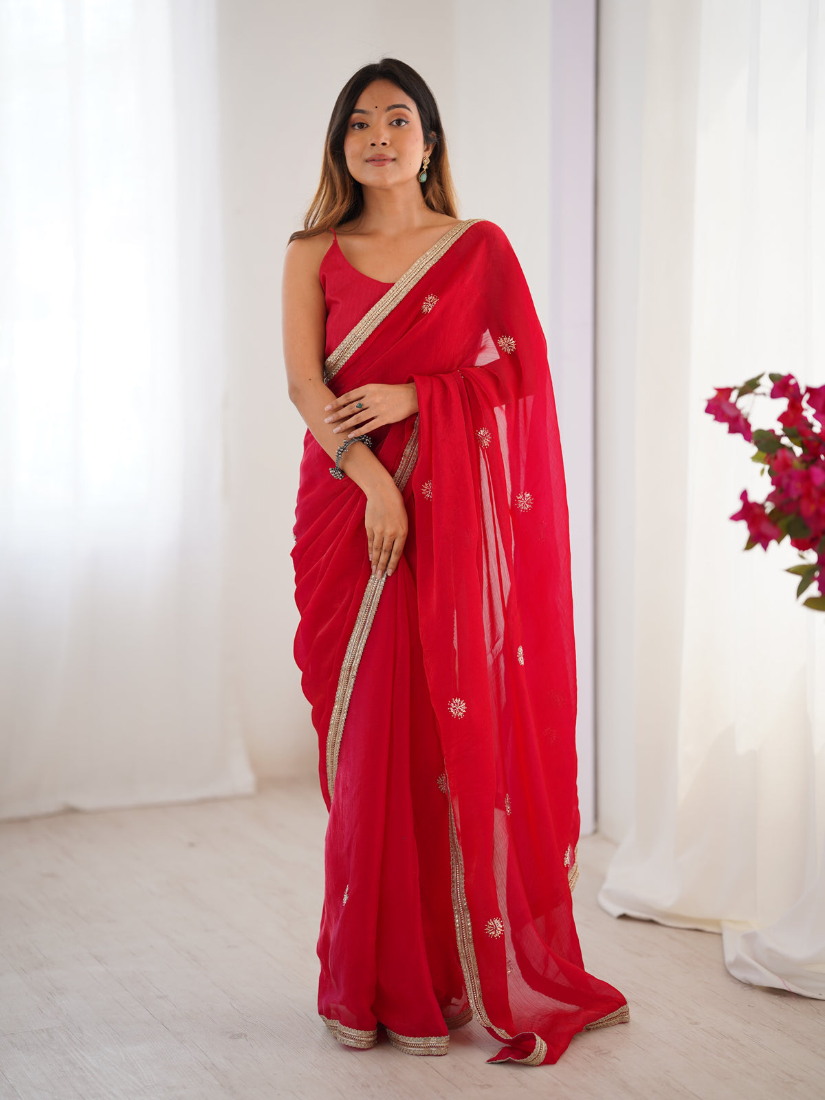 Flora Red Floral Embellished Net Saree with Gold Border