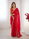 Flora Red Floral Embellished Net Saree with Gold Border