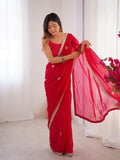 Flora Red Floral Embellished Net Saree with Gold Border