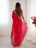 Flora Red Floral Embellished Net Saree with Gold Border