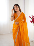 Flora Yellow Floral Embellished Net Saree with Gold Border