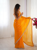 Flora Yellow Floral Embellished Net Saree with Gold Border