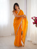 Flora Yellow Floral Embellished Net Saree with Gold Border