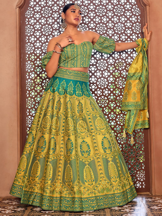 Lime Yellow Ajrakh Print Lehenga Set with Off-Shoulder Puff Sleeve Blouse