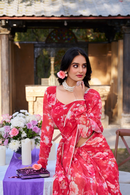 Red Floral Printed Georgette Ready to Wear Saree with Pearl Border