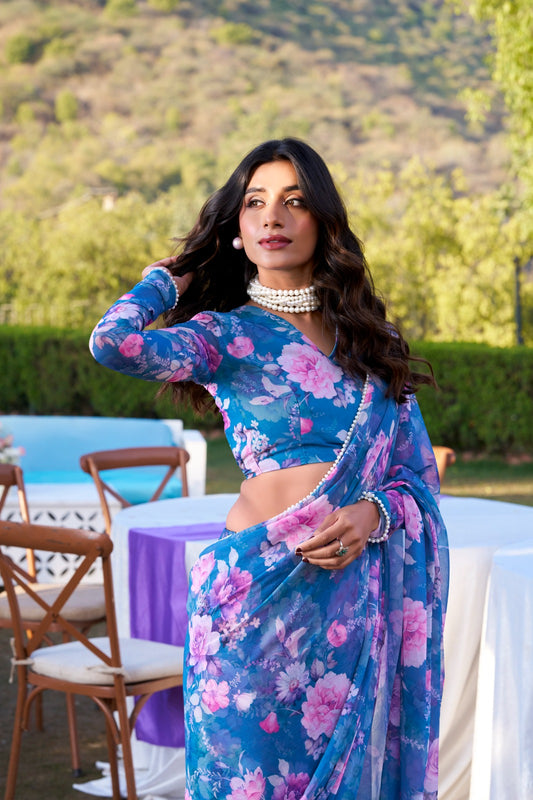 Blue Floral Printed Georgette Ready to Wear Saree with Pearl Border