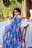 Blue Floral Printed Georgette Ready to Wear Saree with Pearl Border