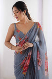 Grey Rose Printed Georgette Saree with Pearl Border
