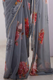 Grey Rose Printed Georgette Saree with Pearl Border