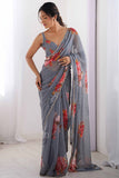 Grey Rose Printed Georgette Saree with Pearl Border
