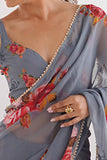 Grey Rose Printed Georgette Saree with Pearl Border