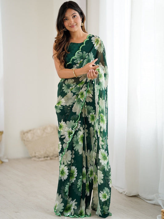 Green Floral Printed Georgette Saree with Designer Blouse