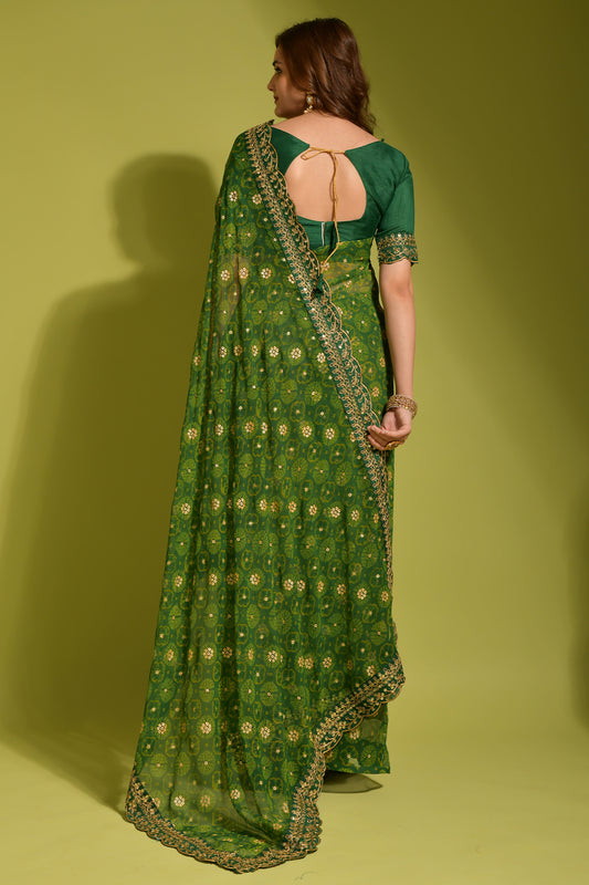 Royal Envy Green Saree with Gold Foil Buti & Lace Border