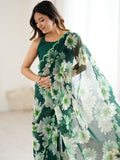 Green Floral Printed Georgette Saree with Designer Blouse
