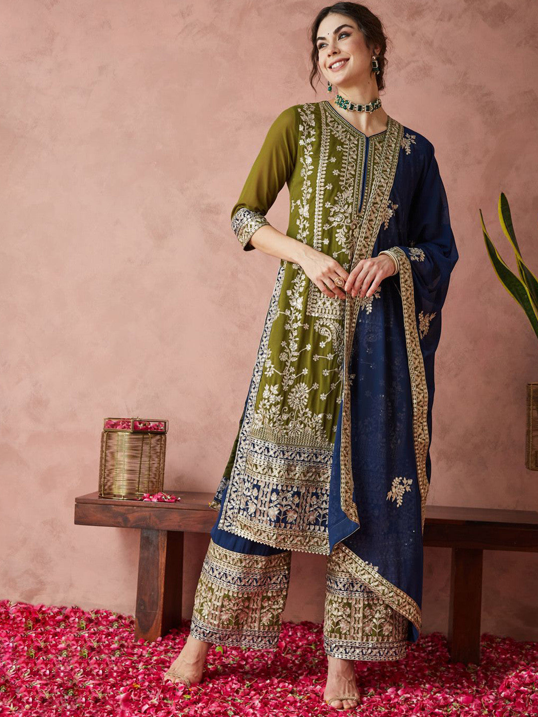 Olive Green & Navy Blue Embroidered Kurta Palazzo Set with Dupatta