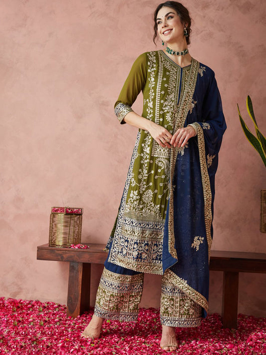 Olive Green & Navy Blue Embroidered Kurta Palazzo Set with Dupatta