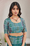Traditional Bandhani Style Green Printed Saree with Multicolor Geometric Design