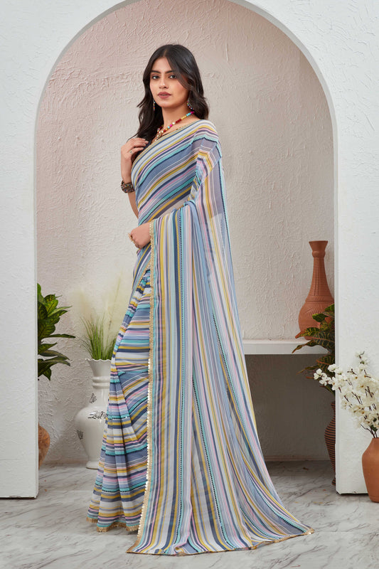 Multicolor Pastel Striped Saree with Subtle Gold Border Elegant Daily & Festive Wear