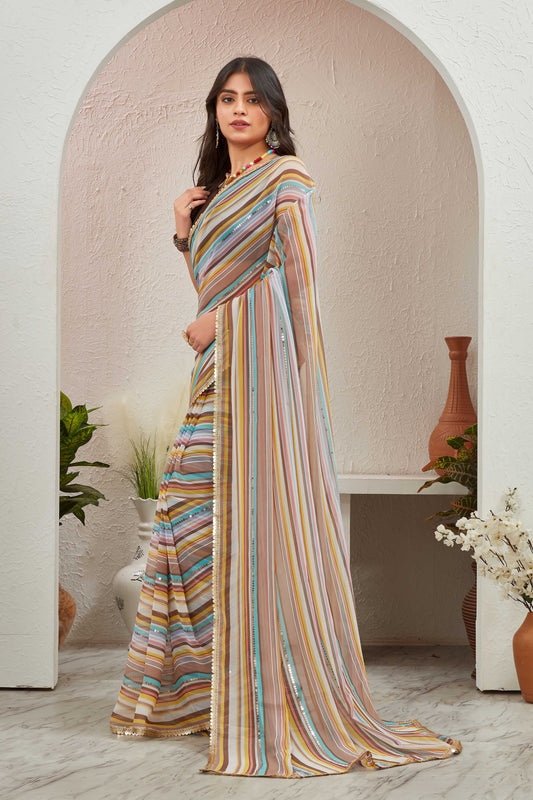 Multicolor Pastel Striped Saree with Subtle Gold Border Elegant Daily & Festive Wear