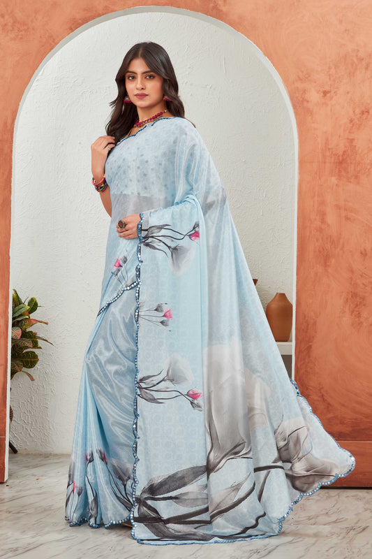 Elegant Sky Blue Floral Printed Saree with Polka Dot Blouse