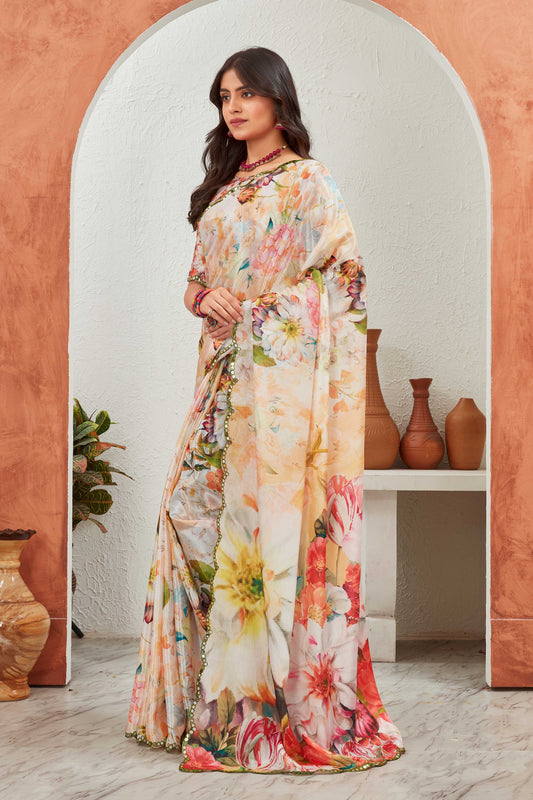 Bold Bloom Floral Print Saree with Embroidered Border & Designer Blouse