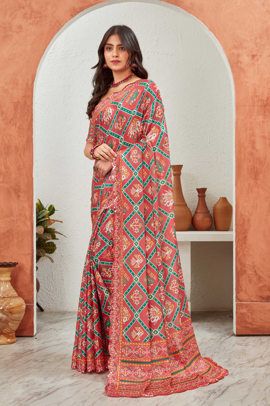 Traditional Red & Green Geometric Printed Saree with Matching Blouse