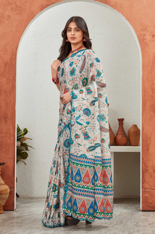 Cream Multicolor Printed Saree with Ethnic Motif and Tribal Border