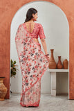 Blush Pink Floral Satin Saree with Pearl Border & Designer Blouse