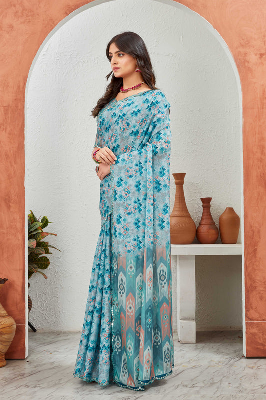 Teal Blue Printed Satin Saree with Geometric Pallu & Matching Blouse