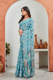 Teal Blue Printed Satin Saree with Geometric Pallu & Matching Blouse