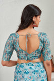 Teal Blue Printed Satin Saree with Geometric Pallu & Matching Blouse