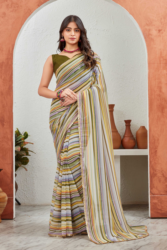 Multicolor Pastel Striped Saree with Subtle Gold Border Elegant Daily & Festive Wear