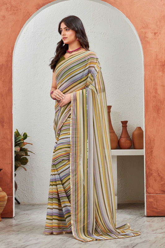 Multicolor Pastel Striped Saree with Subtle Gold Border Elegant Daily & Festive Wear